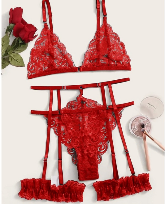 Floral Lace Garter Lingerie Set